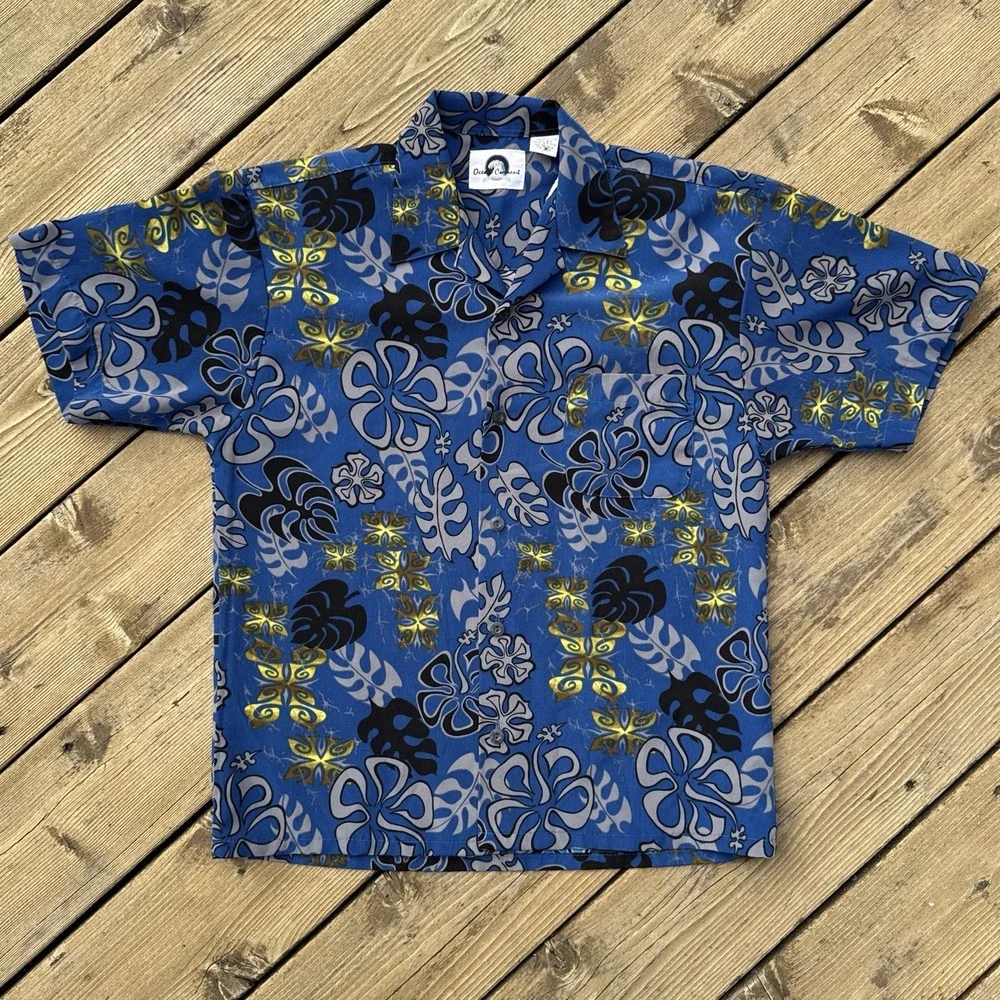Boys Hawaiian Aloha Shirt Kids Large Blue Floral Tropical Button Up Surf